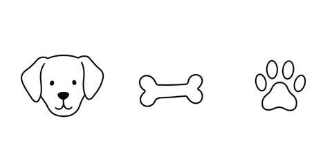 Dog head bone and paw icons  simple line style pet symbols