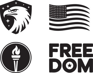 Fototapeta premium American symbols eagle flag torch and freedom text on transparent background vector illustration