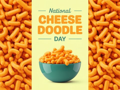 National cheese doodle day celebration with a bowl of cheese doodles on a yellow background surrounded by cheese doodles