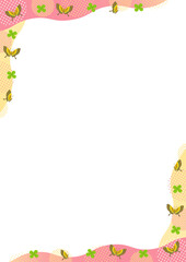 蝶とクローバーと幾何学模様と波の縦型の角のフレーム_ ピンク