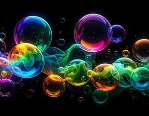 Iridescent Bubbles Floating in Darkness - A Colorful Abstract Design.