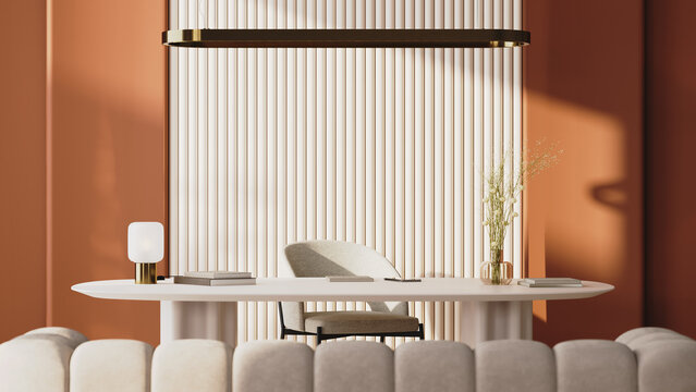 modern office interior with warm terracotta walls and soft sunlight