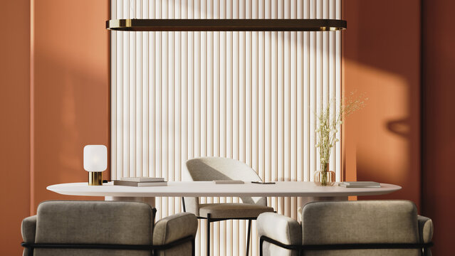 modern office interior with warm terracotta walls and soft sunlight