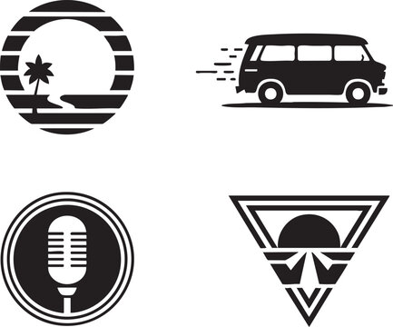 Set of travel and music icons on transparent background including beach, van, microphone and sunset in triangle