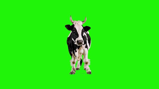 A 3D animated black and white spotted cow standing on its hind legs and performing a joyful dance. Isolated on a green chroma key background for creative and humorous video production.