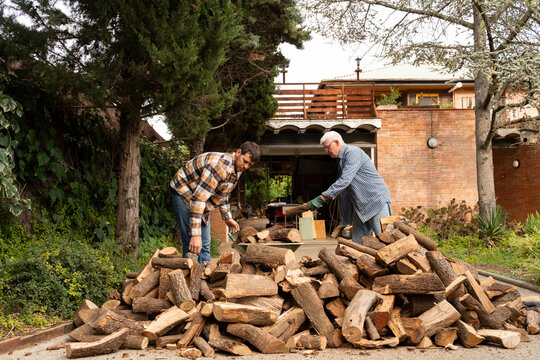 Father and Son Stacking Firewood