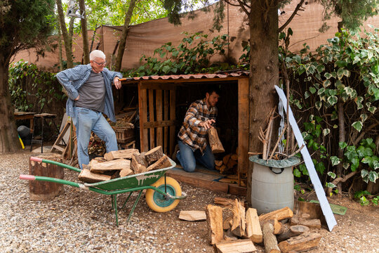 Father and Son Stacking Firewood