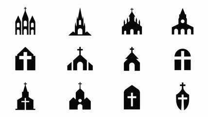 Fototapeta premium Church logo bundle presentation with various black church icons on white background for design and branding