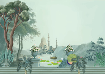 Vintage classical Greek garden with lake, peacock, temple, dome, stair illustration for wallpaper for wallpaper. © NoniGopal
