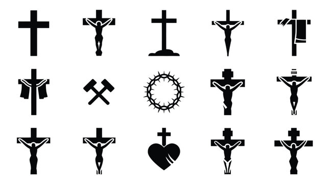 Good friday icon set with various christian symbols and crucifix silhouettes on white background for easter and religious themes