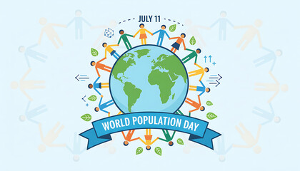 Naklejka premium World Population Day Illustration with Diverse People Holding Hands Around the Globe, July 11 Concept