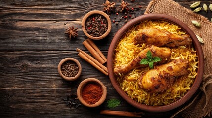 Fototapeta premium Delicious Plate of Chicken Biryani Garnished with Fresh Herbs, Spices, and Ingredients on Rustic Table Setting for Culinary Enthusiasts