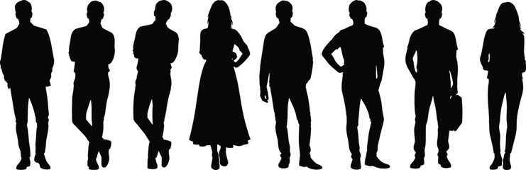 Black silhouette illustration of eight people standing in diverse attire and postures symbolizing fashion, identity, diversity, and representation themes