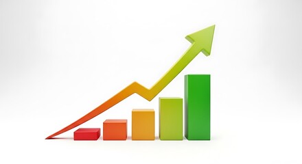 3D render of a bar chart and a rising arrow, symbolizing business growth, financial success, and positive economic trends.