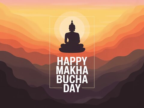 Happy makha bucha day buddhist holiday celebration with buddha silhouette at sunset