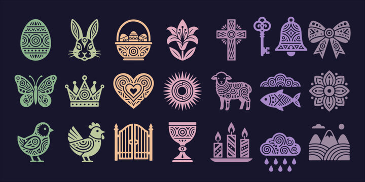 Decorative Easter folk art vector icon bundle containing traditional spring holiday and religious celebration symbols for professional graphic design layouts