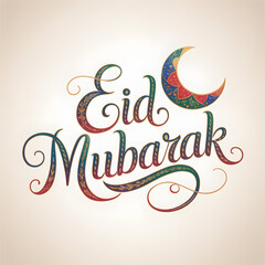 "Eid Mubarak Elegant Calligraphy with Crescent Moon and Star &mdash; Color Gradient Green to Purple Islamic Holiday Greeting Graphic"