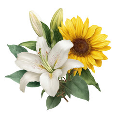 Fototapeta premium Beautiful bouquet of white lily and yellow sunflower with green leaves isolated on transparent background transparent background