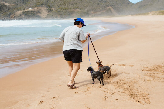 A woman walking two small dogs on leashes along an empty beach