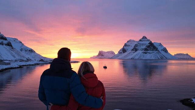 Couple Standing by Snowy Mountains at Sunset