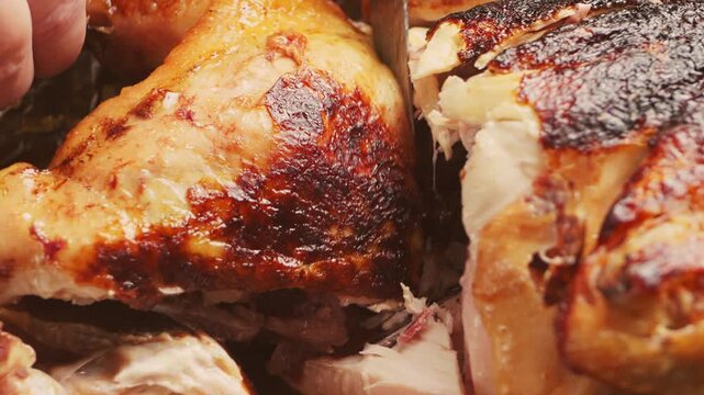A woman's hands, using a sharp knife, cut a whole turkey baked