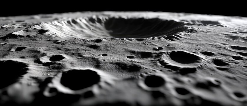 Close view of the moon's surface showing craters in black and white on a dark background capturing detailed textures and forms at night