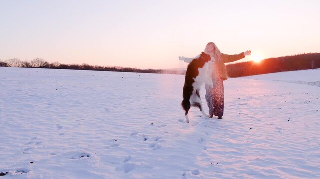 Young woman with long hair playing with her pet border collie dog in the snow, having fun at sunset with happy smile