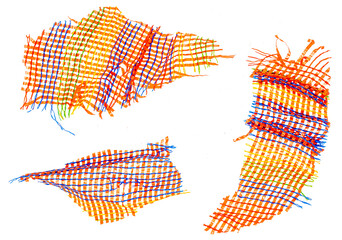 torn plastic fruit net flying, red bag isolated on white background and texture, design element,...