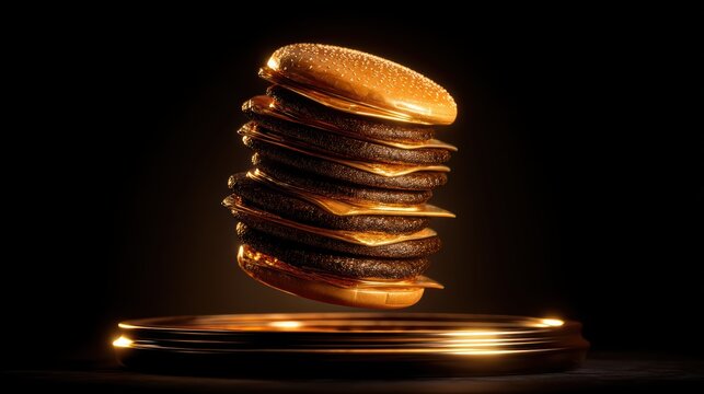 Tower burger sculpture with golden patties and sesame crown on dark platter