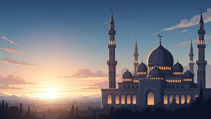 Naklejka premium Sunset at a mosque with illuminated minarets and domes