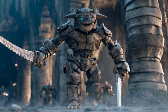 Un imponente golem de piedra emerge de la oscuridad, listo para defender su territorio.