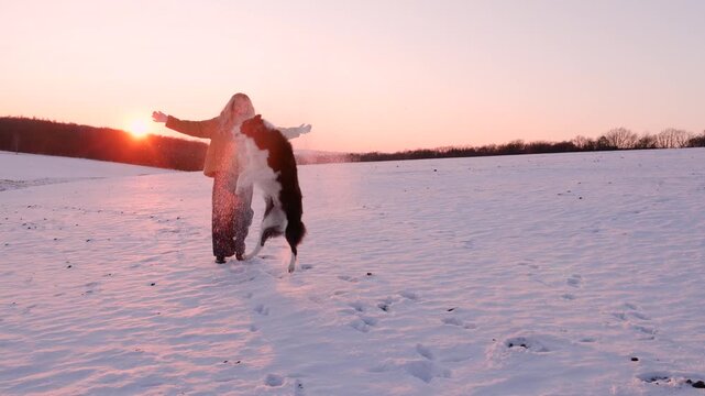 Young woman with long hair playing with her pet border collie dog in the snow, having fun at sunset with happy smile
