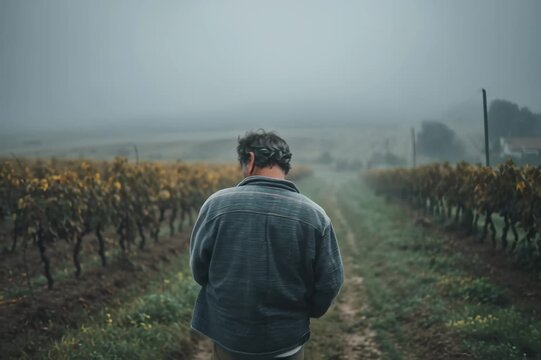 Un hombre camina solo por un campo de girasoles envuelto en una densa niebla, evocando una sensaci&oacute;n de soledad y misterio.