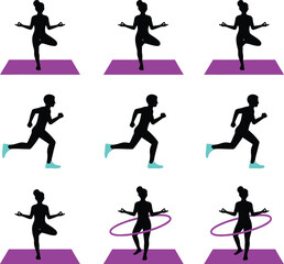 Obraz premium Woman Fitness Exercises Sequence Silhouette Vector Illustration