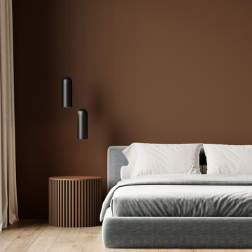 Bedroom in dark brown color. Cozy home or hotel room. Minimal style