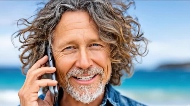A man with a beard and gray hair is talking on a cell phone. He is smiling and he is enjoying the conversation