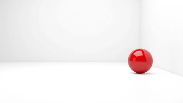 Red sphere rolling and bouncing in a white room, abstract motion graphic