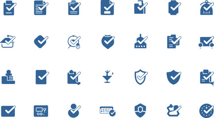 Blue icon set with checkmark for document approval, task completion, security verification, user profile, chart, clipboard, institutional compliance