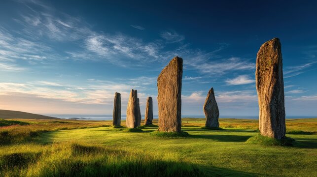Ancient Neolithic standing stones of Callanish on the Isle of Lewis in Scotland at sunset