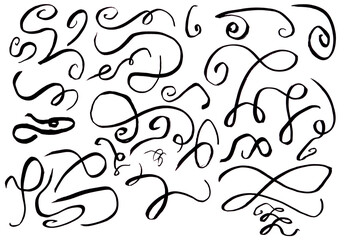 Flourish drawn swash red set. Red flourish calligraphy hand drawn pen brush ink thin stroke line..Vintage doodle swirl scroll underline text decoration texture grunge. Vector illustration.