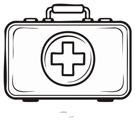 Obraz premium First aid kit outline illustration, medical equipment symbol, emergency case. Vector drawing of safety equipment