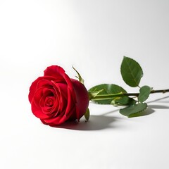 Naklejka premium A single red rose with green leaves on a white background.