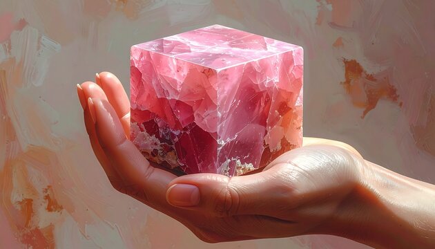 mano che regge in primo piano un cubo realistico e tridimensionale fatto di rodocrosite, su sfondo astratto, semplice e dalle tonalit&agrave; di rosso e rosa chiaro