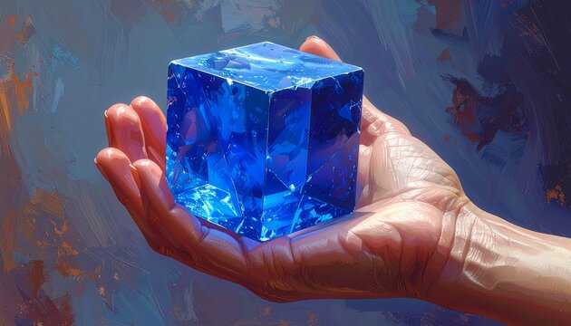 mano che regge in primo piano un cubo realistico e tridimensionale fatto di zaffiro blu, su sfondo astratto, semplice e dalle tonalit&agrave; di blu