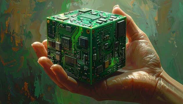 mano che regge in primo piano un cubo realistico e tridimensionale fatto di circuiti stampati verdi ed elementi elettronici vari, su sfondo astratto, semplice e dalle tonalit&agrave; di verde