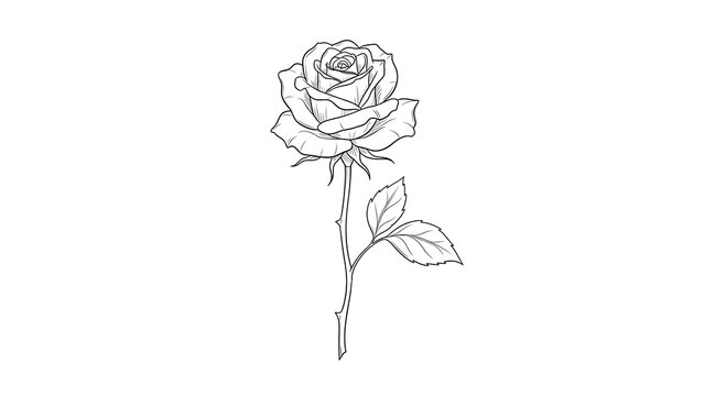 A simple black and white line drawing of a single rose with leaves.