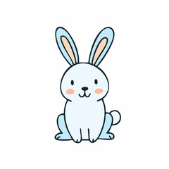Fototapeta premium A cartoon rabbit sitting with large ears, a smiling face, and a cute expression, viewed from the front, in a simple illustration style