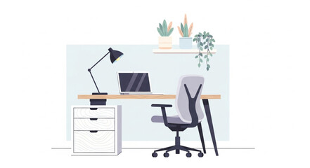 Modern home office desk with laptop and chair.