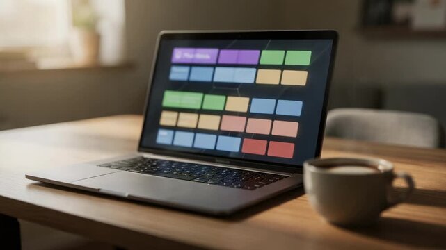 Intelligent copyediting tool scanning directory listings for consistency errors on a laptop screen with a softly blurred coffee cup and workspace ambiance.
