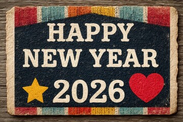 Happy New Year 2026 sticker with star and heart on a vintage chalkboard sign